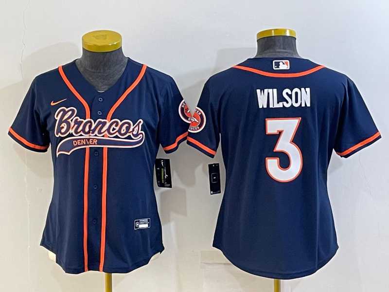 Women%27s Denver Broncos #3 Russell Wilson Navy Blue With Patch Cool Base Stitched Baseball Jersey